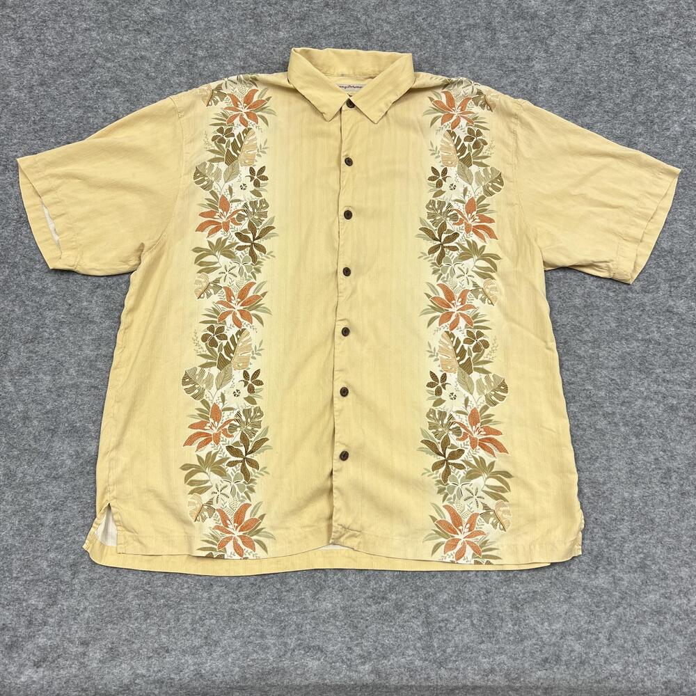 Tommy Bahama Shirt Mens 2XL Yellow Silk Floral Button Up Relaxed Casual Beach